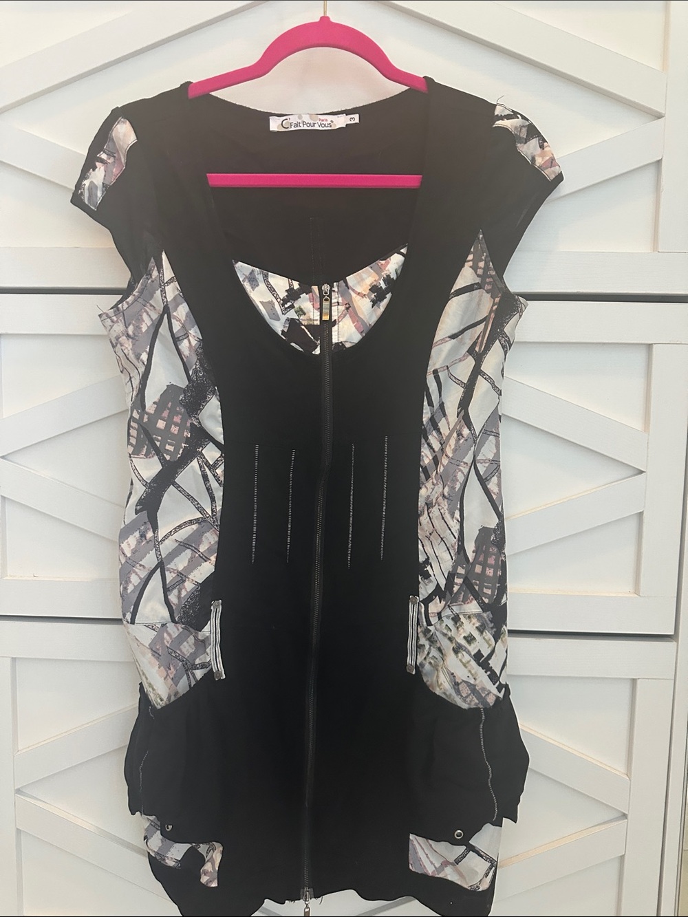 Black & Multi-Print Zip-Front Mini Dress